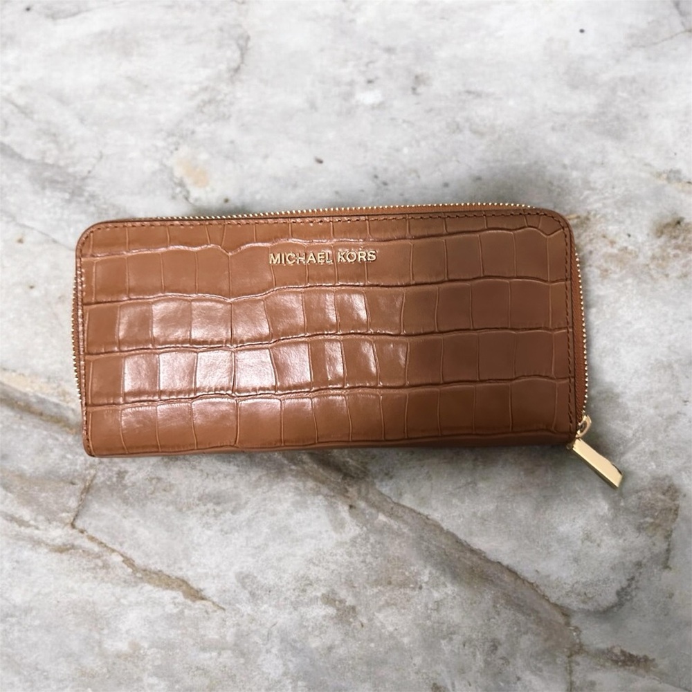Michael Kors Croc-Embossed Zip Wallet in Tan Brown with Gold Hardware